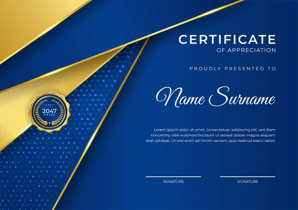Элегантный Синий Золотой Сертификат Сертификата Шаблон Золотым Значком Границы — стоковый вектор