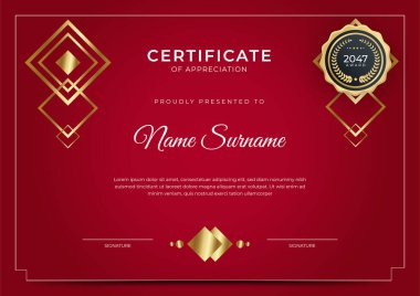 Altın rozetli ve sınır çizgili modern iş kırmızı ve altın sertifikası