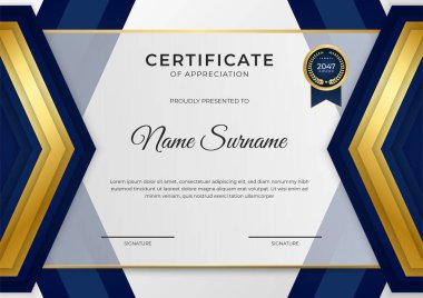 Zarif mavi ve altın sertifika şablonu altın rozet ve sınır