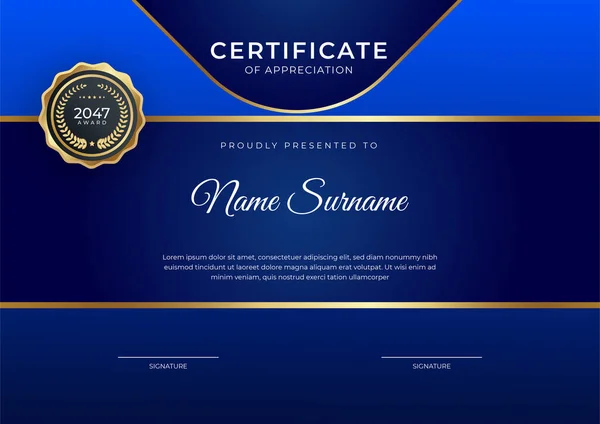 Modelo Certificado Diploma Elegante Azul Dourado Com Crachá Ouro Fronteira — Vetor de Stock