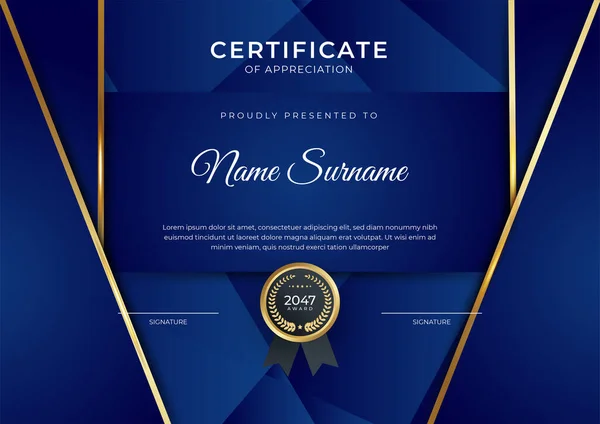 Elegantní Modrý Zlatý Diplom Certifikát Šablony Zlatým Odznakem Okrajem — Stockový vektor