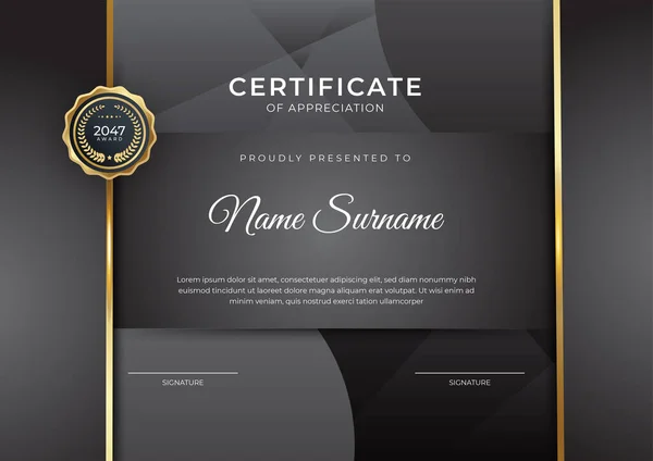 Modèle Moderne Certificat Accomplissement Blanc Noir Affaires Avec Badge Bordure — Image vectorielle