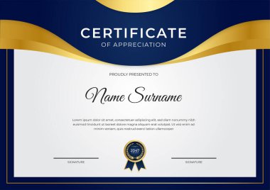 Zarif mavi ve altın sertifika şablonu altın rozet ve sınır