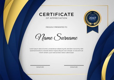 Zarif mavi ve altın sertifika şablonu altın rozet ve sınır