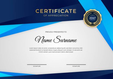 Zarif mavi ve altın sertifika şablonu altın rozet ve sınır