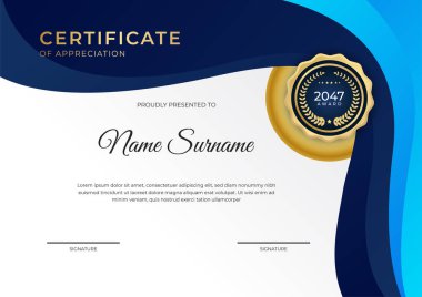 Zarif mavi ve altın sertifika şablonu altın rozet ve sınır