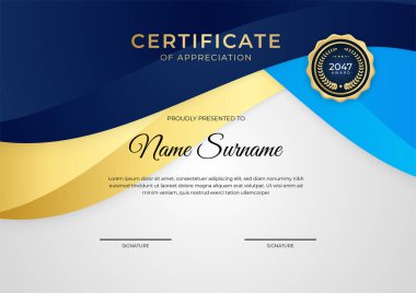 Zarif mavi ve altın sertifika şablonu altın rozet ve sınır