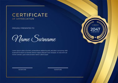 Zarif mavi ve altın sertifika şablonu altın rozet ve sınır