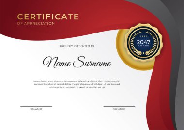 Altın rozetli ve sınır çizgili modern iş kırmızı ve altın sertifikası