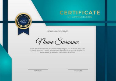 Altın rozetli ve sınırlı modern mavi sertifika şablonu