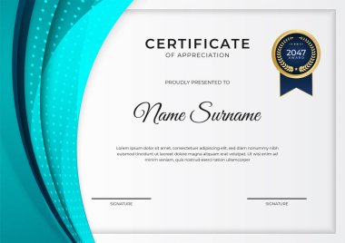 Altın rozetli ve sınırlı modern mavi sertifika şablonu