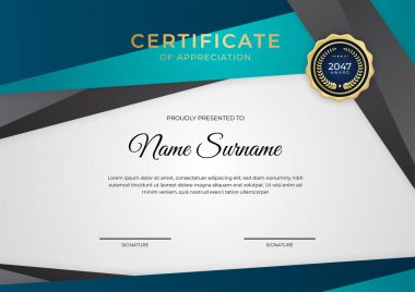 Altın rozetli ve sınırlı modern mavi sertifika şablonu