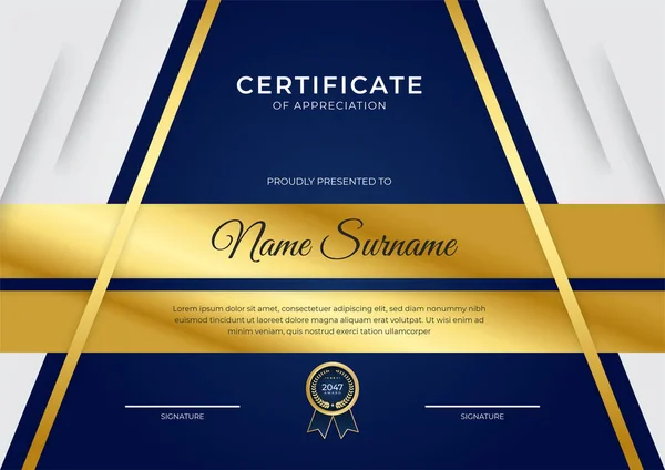Elegantní Modrý Zlatý Diplom Certifikát Šablony Zlatým Odznakem Okrajem — Stockový vektor