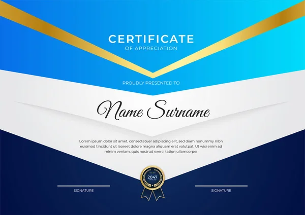 Elegant Blue Gold Diploma Certificate Template Gold Badge Border — Stock Vector