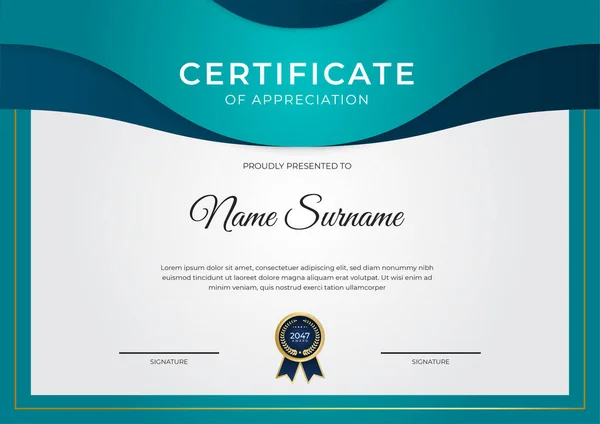 Modern Blue Business Certificate Template Background Gold Badge Border — Stock Vector
