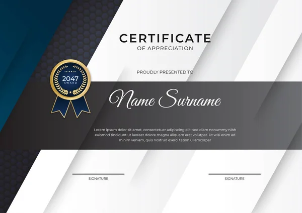 Modèle Moderne Certificat Accomplissement Blanc Noir Affaires Avec Badge Bordure — Image vectorielle