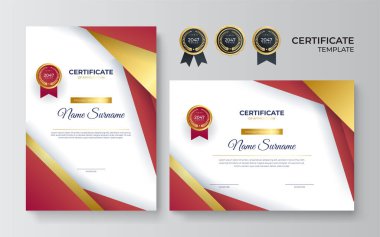 Modern mavi sertifika şablonu ve sınır, ödül, diploma ve baskı için. Modern çalışan kırmızı altın sertifika tasarım şablonu