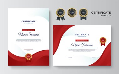 Ödül, diploma ve baskı için modern kırmızı sertifika şablonu ve sınırı. Altın rozetli ve sınırlı kırmızı ve altın renkli başarı sertifikası