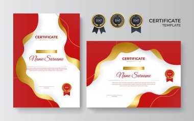 Ödül, diploma ve baskı için modern kırmızı sertifika şablonu ve sınırı. Altın rozetli ve sınırlı kırmızı ve altın renkli başarı sertifikası