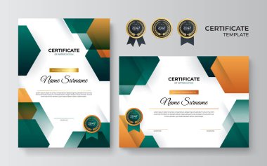 Modern mavi sertifika şablonu ve sınır, ödül, diploma ve baskı için. Altın rozetli ve sınırlı yeşil ve altın renkli başarı sertifikası