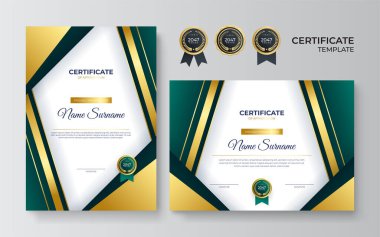 Modern mavi sertifika şablonu ve sınır, ödül, diploma ve baskı için. Altın rozetli ve sınırlı yeşil ve altın renkli başarı sertifikası