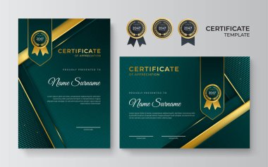 Koyu yeşil ve altın sertifikalı, lüks rozetli ve modern çizgili sınır şablonu. Ödül, iş, ödül, başarı ve eğitim ihtiyaçları için