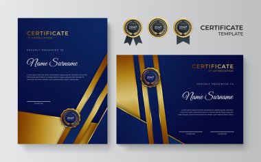 Lüks rozetli ve modern hat desenli mavi ve altın başarı sertifikası. Ödül, iş, ödül, başarı ve eğitim ihtiyaçları için