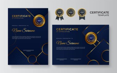 Lüks rozetli ve modern hat desenli mavi ve altın başarı sertifikası. Ödül, iş, ödül, başarı ve eğitim ihtiyaçları için
