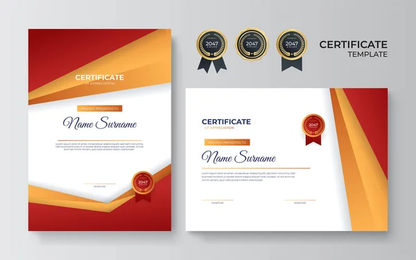现代红色证书模板和边框 用于奖励 证书和印刷 带有金章和边框的红色和金色精美成绩证书模板 — 图库矢量图片