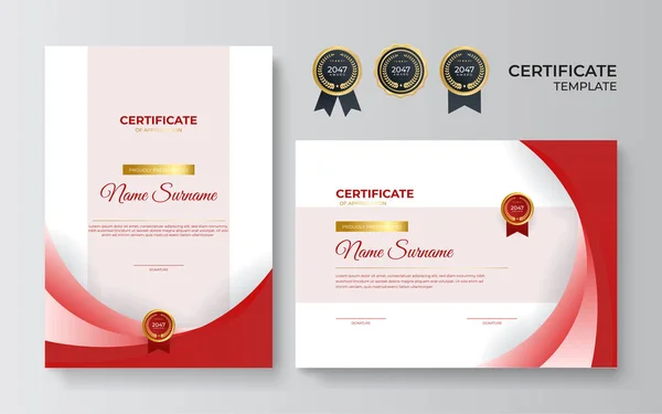 Modello Certificato Rosso Moderno Bordo Premio Diploma Stampa Modello Elegante — Vettoriale Stock