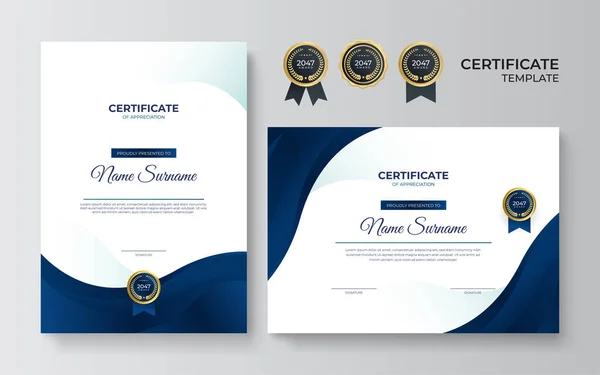 现代蓝色证书模板和边框 用于奖励 文凭和印刷 带有金章和边框的蓝色和金色精美成绩证书模板 — 图库矢量图片