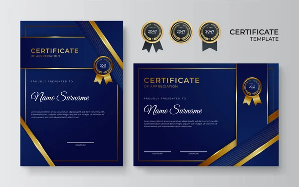 Certificato Blu Oro Del Modello Bordo Realizzazione Con Distintivo Lusso — Vettoriale Stock