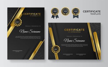 Lüks rozetli ve modern çizgili sınır şablonunun siyah ve altın sertifikası. Ödül, iş, ödül, başarı ve eğitim ihtiyaçları için