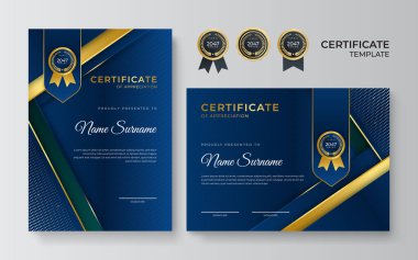 Modern mavi sertifika şablonu ve sınır, ödül, diploma ve baskı için. Altın rozetli ve sınırlı mavi ve altın renkli başarı sertifikası