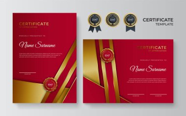 Modern mavi sertifika şablonu ve sınır, ödül, diploma ve baskı için. Altın rozetli ve sınırlı mavi ve altın renkli başarı sertifikası