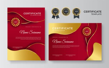 Modern mavi sertifika şablonu ve sınır, ödül, diploma ve baskı için. Altın rozetli ve sınırlı mavi ve altın renkli başarı sertifikası