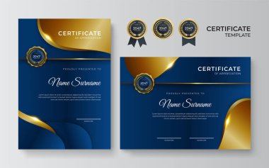Modern mavi sertifika şablonu ve sınır, ödül, diploma ve baskı için. Altın rozetli ve sınırlı mavi ve altın renkli başarı sertifikası