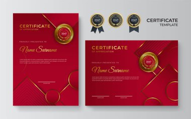 Modern mavi sertifika şablonu ve sınır, ödül, diploma ve baskı için. Altın rozetli ve sınırlı mavi ve altın renkli başarı sertifikası