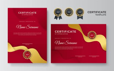 Modern mavi sertifika şablonu ve sınır, ödül, diploma ve baskı için. Altın rozetli ve sınırlı mavi ve altın renkli başarı sertifikası