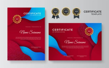 Modern mavi sertifika şablonu ve sınır, ödül, diploma ve baskı için. Altın rozetli ve sınırlı mavi ve altın renkli başarı sertifikası