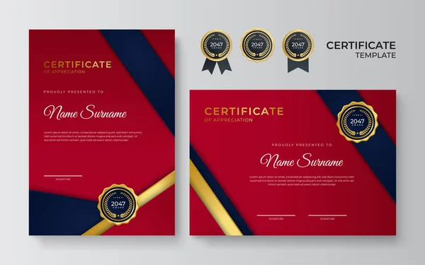 Certificato Rosso Oro Del Modello Bordo Realizzazione Con Distintivo Lusso — Vettoriale Stock
