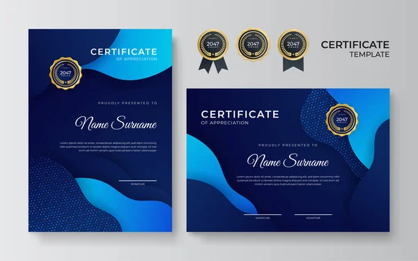 Certificato Blu Oro Del Modello Bordo Realizzazione Con Distintivo Lusso — Vettoriale Stock