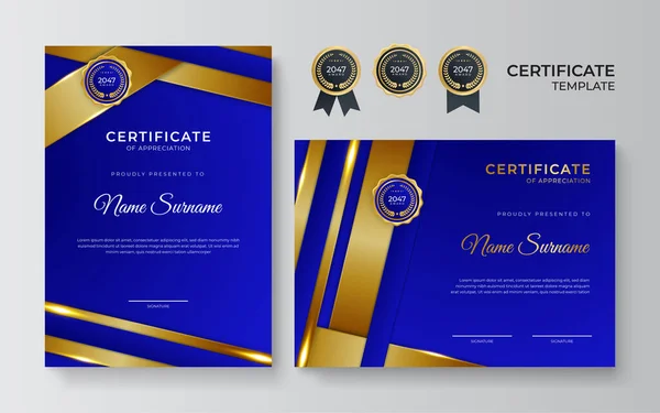 Plantilla Borde Azul Dorado Certificado Logro Con Insignia Lujo Patrón — Vector de stock