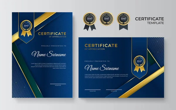 Modern mavi sertifika şablonu ve sınır, ödül, diploma ve baskı için. Altın rozetli ve sınırlı mavi ve altın renkli başarı sertifikası