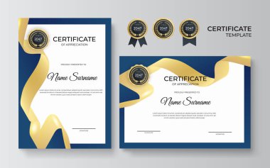 Lüks rozetli ve modern hat desenli mavi ve altın başarı sertifikası. Ödül, iş, ödül, başarı ve eğitim ihtiyaçları için