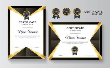 Lüks rozetli ve modern çizgili sınır şablonunun siyah ve altın sertifikası. Ödül, iş, ödül, başarı ve eğitim ihtiyaçları için