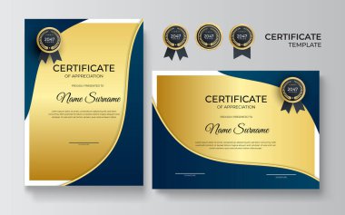 Lüks rozetli ve modern hat desenli mavi ve altın başarı sertifikası. Ödül, iş, ödül, başarı ve eğitim ihtiyaçları için