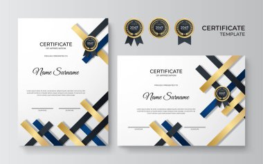 Lüks rozetli ve modern hat desenli mavi ve altın başarı sertifikası. Ödül, iş, ödül, başarı ve eğitim ihtiyaçları için