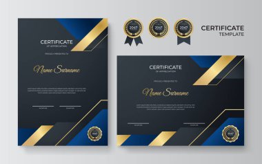Lüks rozetli ve modern hat desenli mavi ve altın başarı sertifikası. Ödül, iş, ödül, başarı ve eğitim ihtiyaçları için