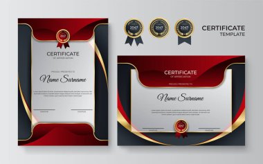 Lüks rozetli ve modern çizgili kırmızı ve altın sertifikalı sınır şablonu. Ödül, iş, ödül, başarı ve eğitim ihtiyaçları için